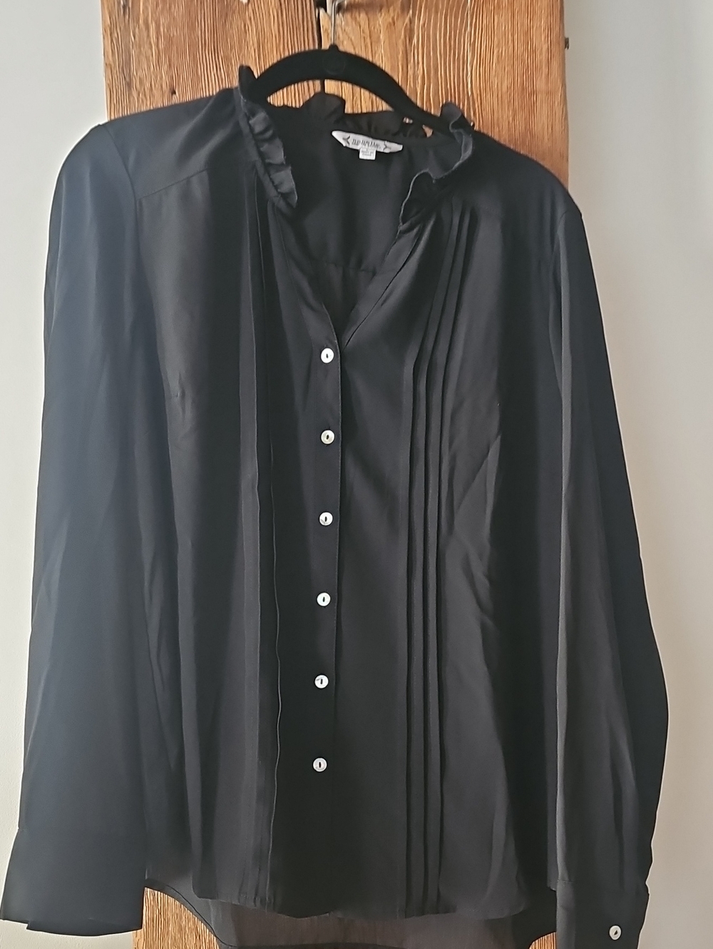 Nanette Lepore Black Pleated Button-Front Ruffle Collar Women's Blouse EUC SZ L